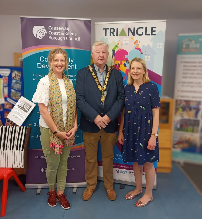 Catherine Farrimond, Community Development Officer at Causeway Coast and Glens Borough Council, the Mayor, Councillor Steven Callaghan and Gail McKechnie from Triangle Housing