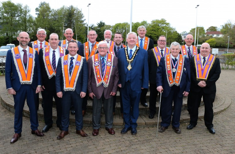 Wor Bro Andy McLean with members of the Orange Order, including The Mayor, Councillor Steven Callaghan and Councillor Allister Kyle