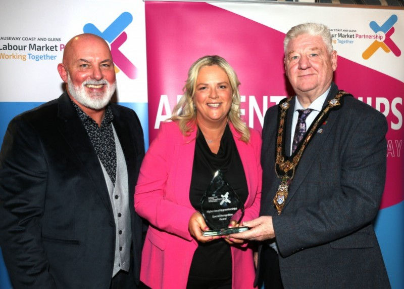 Mayor of Causeway Coast and Glens, Councillor Steven Callaghan alongside Labour Market Partnership Manager, Marc McGerty presenting Rosin McCloskey with a Special Recognition Award.