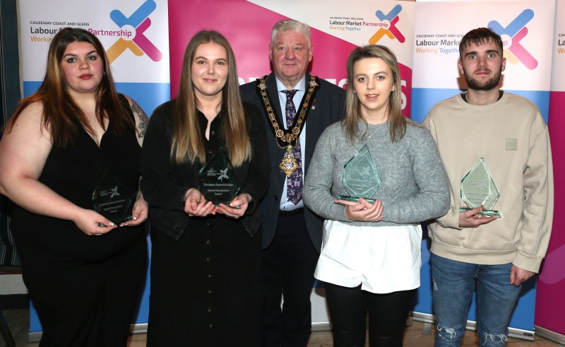 Mayor of Causeway Coast and Glens, Councillor Steven Callaghan at the Special Recognition Awards with Lauren McCloy, Stephanie Hamilton, Courtney Hutchinson and Jack Campbell.