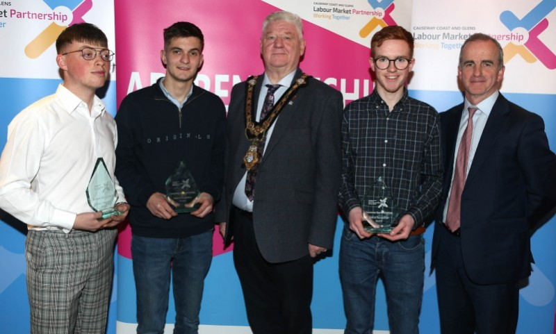 Mayor of Causeway Coast and Glens, Councillor Steven Callaghan alongside Shea McIlwee, Matthew Nicholl, Timothy Gilmore and Patrick McKeown from NWRC.