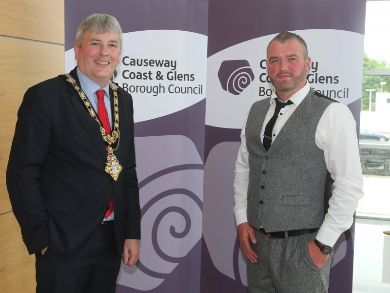 Mayor of Causeway Coast and Glens Borough Council, Councillor Richard Holmes with recipient of this year’s Enterprise Fund Michael O’Kane from Premium Clean NI, Dungiven.
