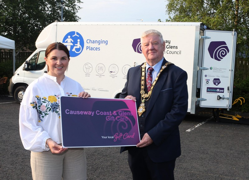 Sara Adair pictured with the Mayor of Causeway Coast and Glens Borough Council Councillor Steven Callaghan.