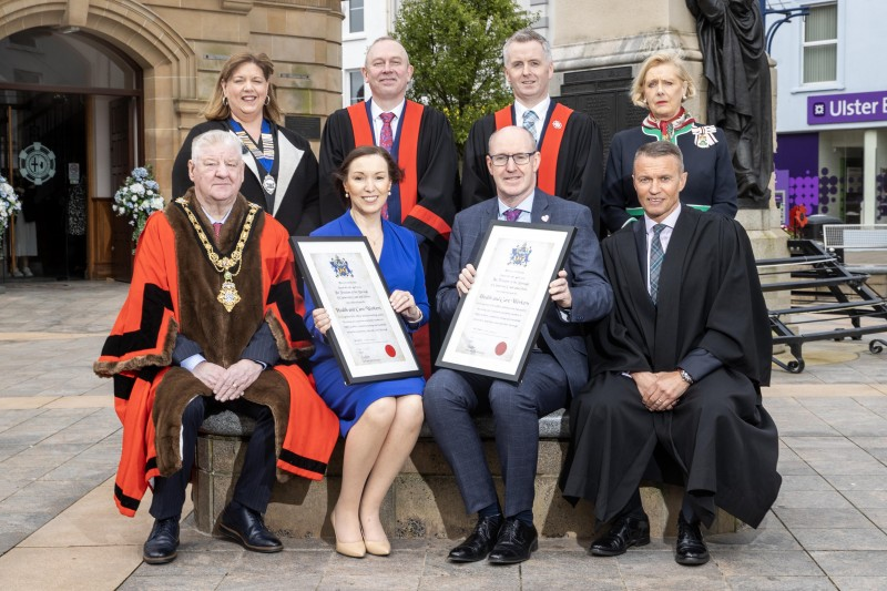 Pictured outside Coleraine Town Hall as Council bestows the Freedom of the Borough are: (back row l-r) Linda Steele High Sheriff of County Londonderry, Councillor Philip Anderson, Alderman John McAuley, Alison Millar Lord Lieutenant County Londonderry. (front row l-r) Mayor of Causeway Coast and Glens Councillor Callaghan, Jennifer Welsh, Chief Executive of the Northern Trust, Western Trust Chief Executive Neil Guckian OBE, and David Jackson, Chief Executive Causeway Coast and Glens Borough Council.