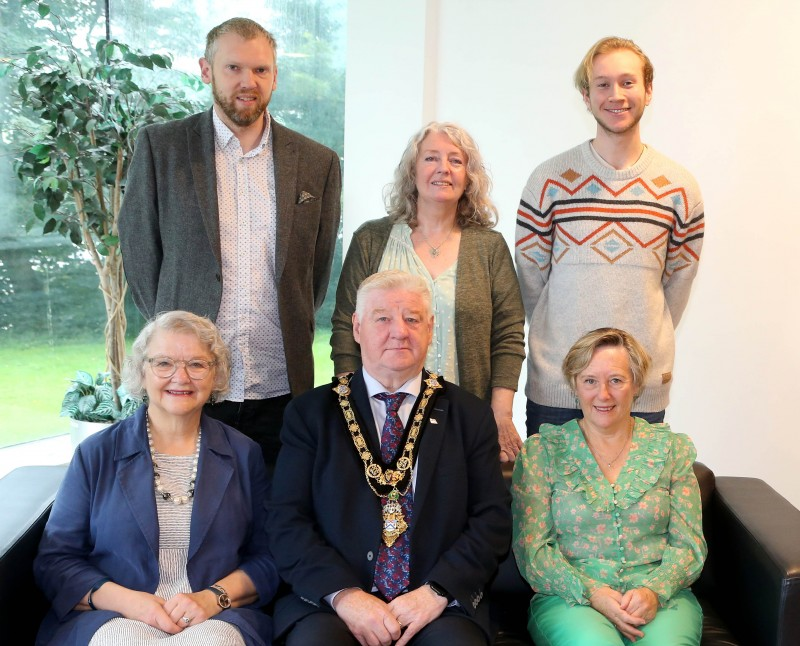 Mayor of Causeway Coast and Glens Borough Council, Councillor Steven Callaghan congratulates bursary recipients; from l-r (back row) Kenny Campbell, Noreen Kane and Thomas Mills Harris l-r (front row) Alderman Yvonne Boyle, the Mayor Councillor Steven Callaghan and Olwen Minford.