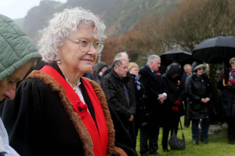 Councillor Yvonne Boyle listening intently to the sermon given at the Remembrance Service on Rathlin Island.