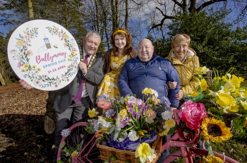 The Mayor of Causeway Coast and Glens Borough Council, Councillor Ivor Wallace pictured at the launch of Ballymoney Spring Fair with Council Officer Rebekah Stewart, Adrian McQuillan from Ballymoney Chamber of Commerce and Winnie Mellet, President of Ballymoney Chamber of Commerce.