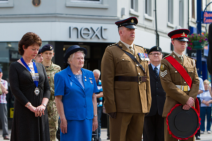 Causeway Coast and Glens Borough Council in partnership with the Royal British Legion commemorated soldiers who fought in the 1916 Battle of the Somme at a ceremony at Coleraine Town Hall on Wednesday 1st July. 2015 marks the 99th anniversary of the battle, which began on 1 July 1916. Pictured is High Sheriff, Helen Mark, with official at the wreath laying ceremony. For further information visit www.causewaycoastandglens.gov.uk. 