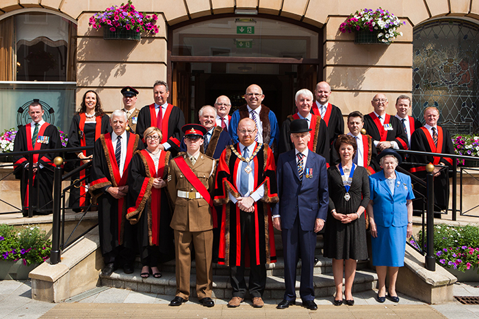 Causeway Coast and Glens Borough Council in partnership with the Royal British Legion commemorated soldiers who fought in the 1916 Battle of the Somme at a ceremony at Coleraine Town Hall on Wednesday 1st July. 2015 marks the 99th anniversary of the battle, which began on 1 July 1916. Pictured is Deputy Mayor of Causeway Coast and Glens Borough Council, Councillor Darryl Wilson with Lord Lieutenant Denis Desmond CB, official at the wreath laying ceremony and Councillors from Causeway Coast and Glens Borough Council. For further information visit www.causewaycoastandglens.gov.uk. 