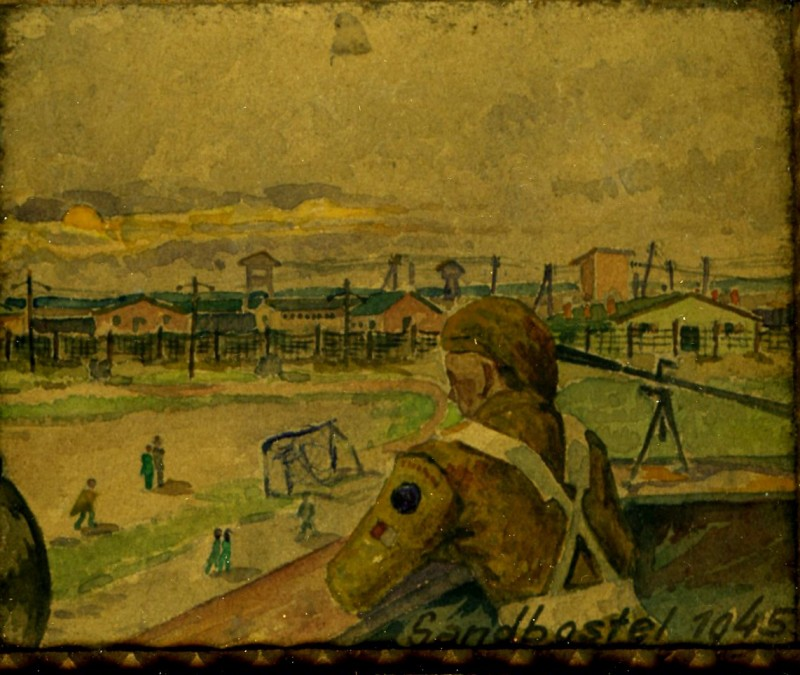 ​Watercolour painting of Sandbostel Concentration Camp by a German POW. The Coleraine Battery took over guard duties at Sandbostel and Belsen camps following their liberation in 1945 (courtesy Coleraine Museum).