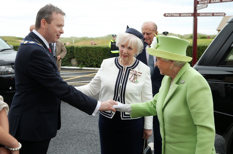 2016, The Queen and Prince Philip arrive at Royal Portrush Golf Club.