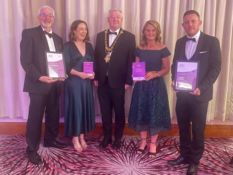 Mayor of Causeway Coast and Glens, Councillor Steven Callaghan pictured at the Advancing Healthcare Awards 2023 with Hugh Nelson, Head of Community Wellbeing NHSCT; Clare Galway, Paediatric Health Improvement Dietitian; Sandra Anderson, NHLP Health and Wellbeing Manager and Council's Sports Development Manager, Jonathan McFadden.