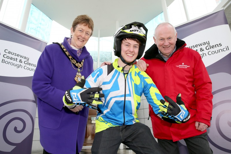 Robert McCrory representing the Motor Cycle Union of Ireland Ulster Centre helps to launch this year's  NW200 Race Week Festival with the Mayor of Causeway Coast and Glens Borough Council Councillor Joan Baird  OBE and NW200 Event Director Mervyn Whyte. Taking place from May 12th - May 20th it offers a packed programme of entertainment and attractions across the Causeway Coast and Glens.