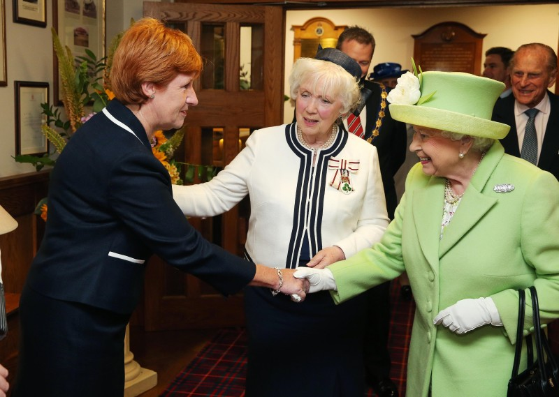 2016, The Queen is introduced to Wilma Erskine by Joan Christie, in her role as Lord- Lieutenant of County Antrim.