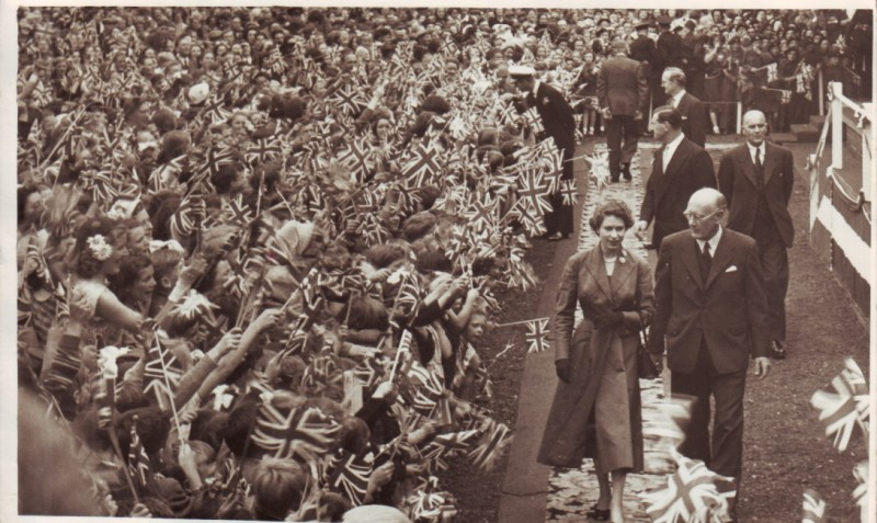 1953, The Queen is greeted by crowds on her visit to Ballymoney.