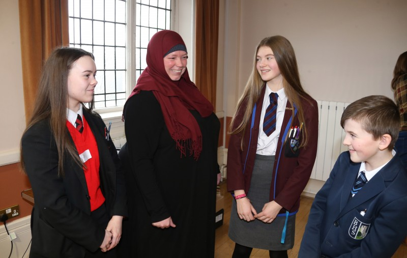 . Facilitator Angela Watts pictured with the Year 9 school pupils from Ballymoney at the ‘Smart World Shared Education’ project in Ballymoney Town Hall.