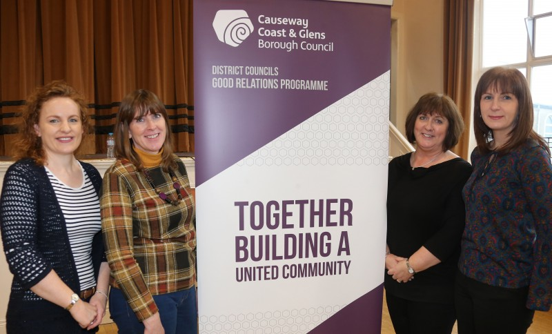 Claire Mc Laughlin and Marie-Louise Mc Clarey from Building Communities Resource Centre pictured with Joy Wisener, Good Relations Officer, Causeway Coast and Glens Borough Council and Patricia Harkin, Good Relations Manager, Causeway Coast and Glens Borough Council at the ‘Smart World Shared Education’ project.