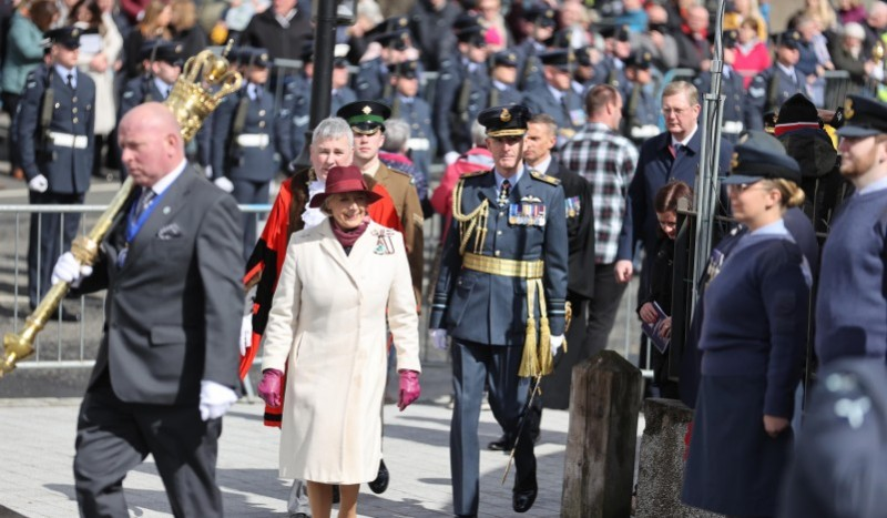 Lord Lieutenant of County Londonderry Mrs Alison Millar walks to the War Memorial with Air Marshal Sir Gerry Mayhew.