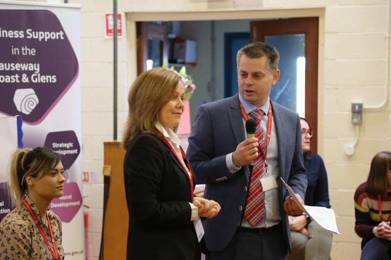 Ballysally Primary School Principal Geoff Dunn speaks to Dr Deirdre Hughes OBE, international academic and careers expert at the Primary Futures event.