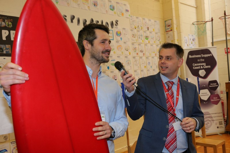 Ballysally Primary School Principal Geoff Dunn speaks to Dan Lavery from Long Line Surf School at the Primary Futures event.