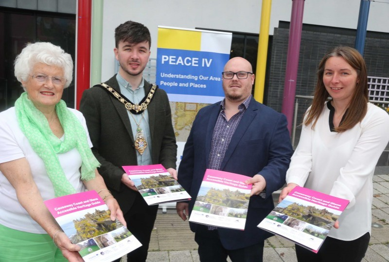 The Mayor of Causeway Coast and Glens Borough Council Councillor Sean Bateson pictured at the launches of the new Causeway Coast and Glens Accessible Heritage Guide with Patricia Crossley, Vice Chair of the PEACE IV Partnership, Jonathan Adams, Community Access Worker, RNIB Northern Ireland and Stephanie Hilditch, Manager of Glenshane Care Association.