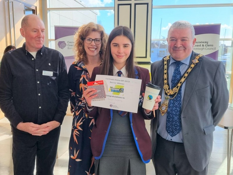 Georgia, from Dalriada School, winner of the Senior category, pictured with James McMichael from Co-Op, Fiona Watters, Causeway Coast and Glens Borough Council, and the Mayor, Councillor Ivor Wallace.