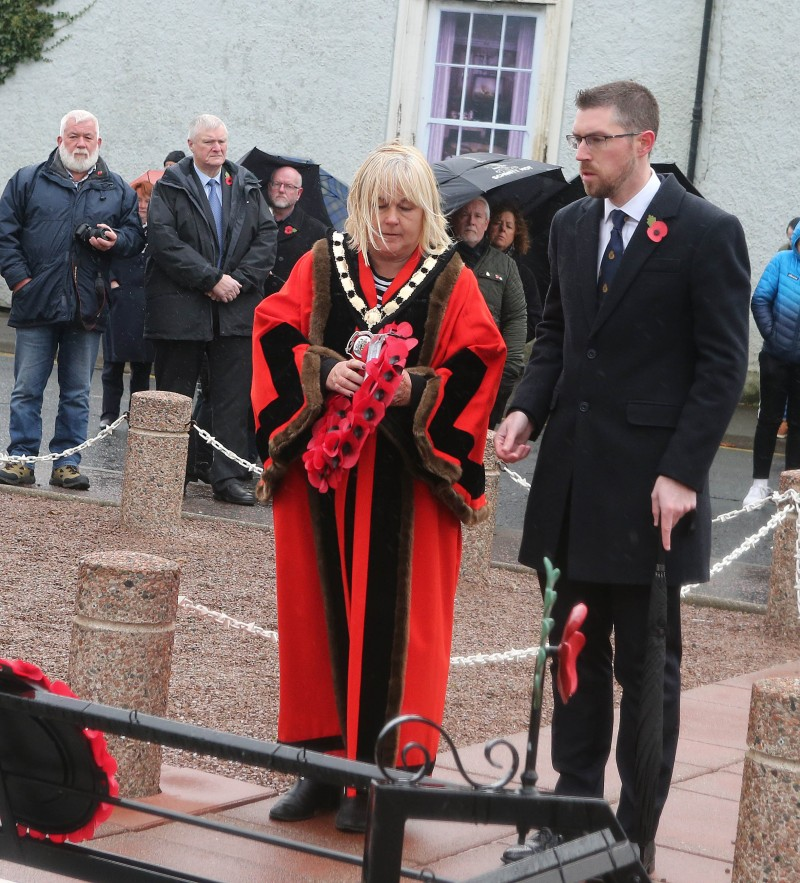 Deputy Mayor, Councillor Margaret-Anne McKillop lays a wreath at Ballycastle War Memorial on Remembrance Day.