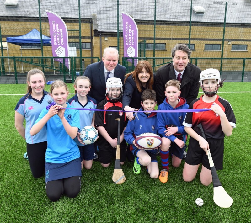 The official opening of Ballymoney's new 3G pitch took place today with Councillor Tom McKeown from Causeway Coast and Glens Borough Council, Antoinette McKeown from Sport NI and Ian Snowden from Department for Communities alongside young sports participants from the town.