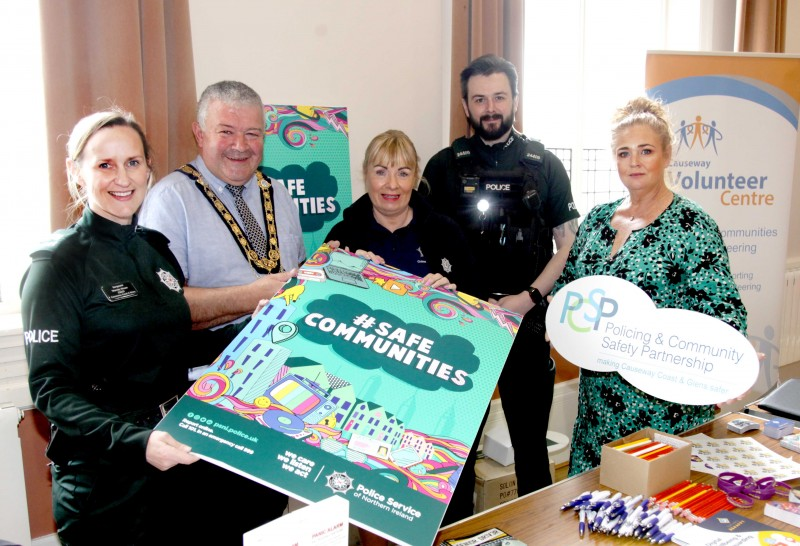 Sergeant Wendy Nixon (PSNI), the Mayor of Causeway Coast and Glens Borough Council Councillor Ivor Wallace, Crime Prevention Officer Judith Lavery, Stephen Collins, Neighbourhood Police Officer, and Ashleen Schenning, Manager of Limavady Volunteer Centre pictured at the information event held in Ballymoney Town Hall.
