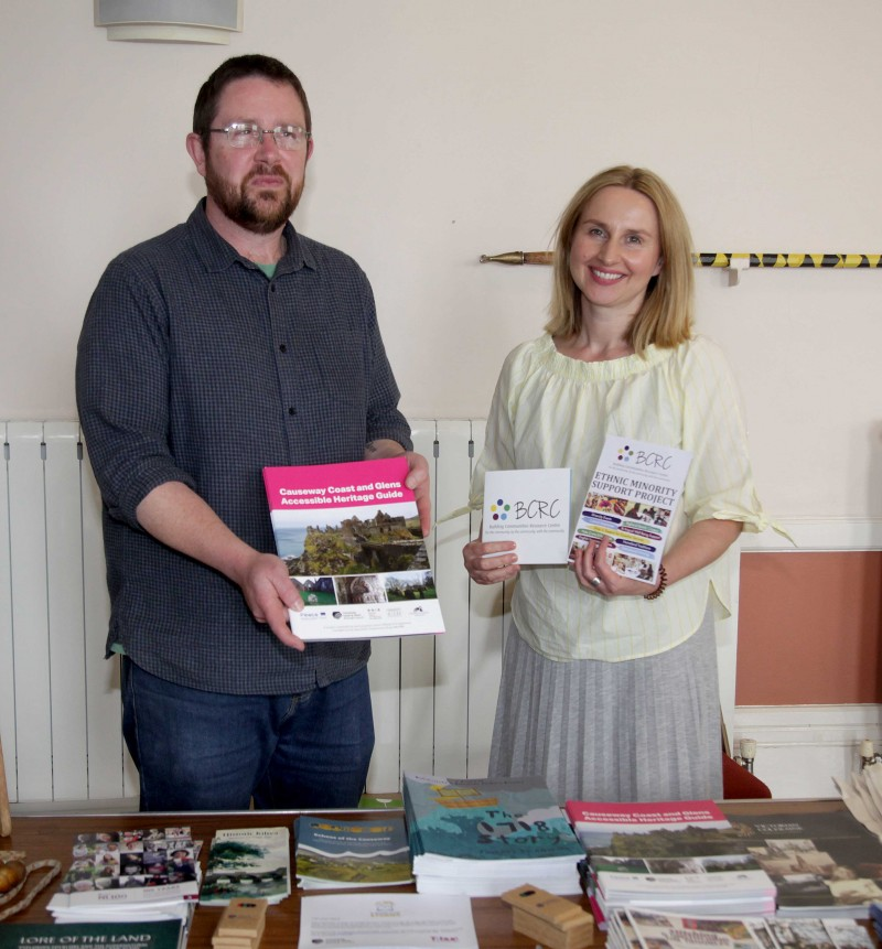 Dr Nicholas Wright, Causeway Coast and Glens Borough Council Museum Services Community Engagement Officer and Gosha O’Hagan, Ethnic Communities Officer, Building Communities Resource Centre at their information stand in Ballymoney Town Hall.