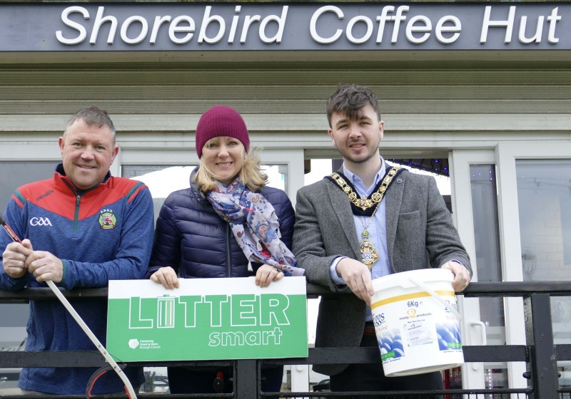 The Mayor of Causeway Coast and Glens Borough Council Councillor Sean Bateson pictured with James Delaney from The Shorebird Café in Ballycastle and Environmental Resources Officer Janice Dunlop at the launch of the Beach Bucket Challenge.