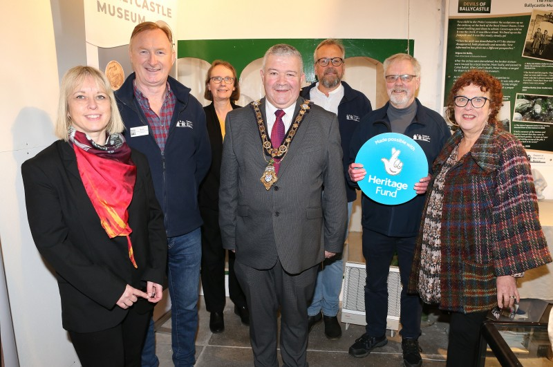The Mayor of Causeway Coast and Glens, Cllr Ivor Wallace with Stella Byrne from The National Lottery Heritage Fund and members of the Friends of Ballycastle Museum.