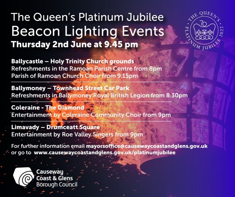 Causeway Coast and Glens Borough Council has announced plans to light a series of beacons for The Queen’s Platinum Jubilee on Thursday 2nd June 2022.