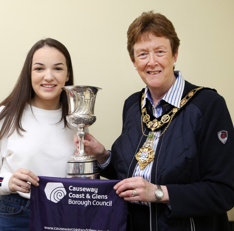 Irish Indoor Bowling Association Ladies Champion Rachel Cochrane pictured with the Mayor of Causeway Coast and Glens Borough Council, Councillor Joan Baird OBE.