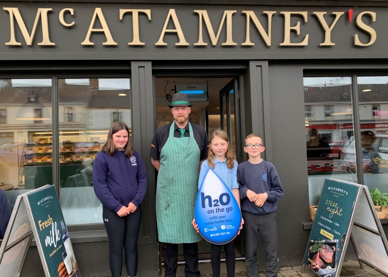 Pupils pictured at McAtamney’s Butchers in Garvagh which has signed up to Causeway Coast and Glens Borough Council’s H20 On The Go scheme.