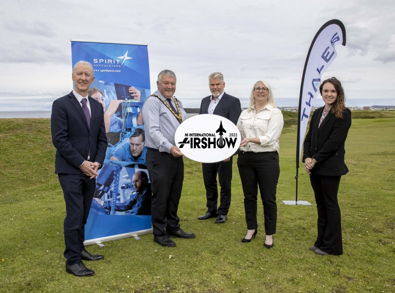 The Mayor of Causeway Coast and Glens Borough Council Councillor Ivor Wallace pictured with Sir Michael J Ryan CBE from Spirit AeroSystems and Alana Colenso, Lyle Creighton and Laura Hamilton from Thales, new joint title sponsors of the NI International Air Show which takes place in Portrush on September 10th and 11th.