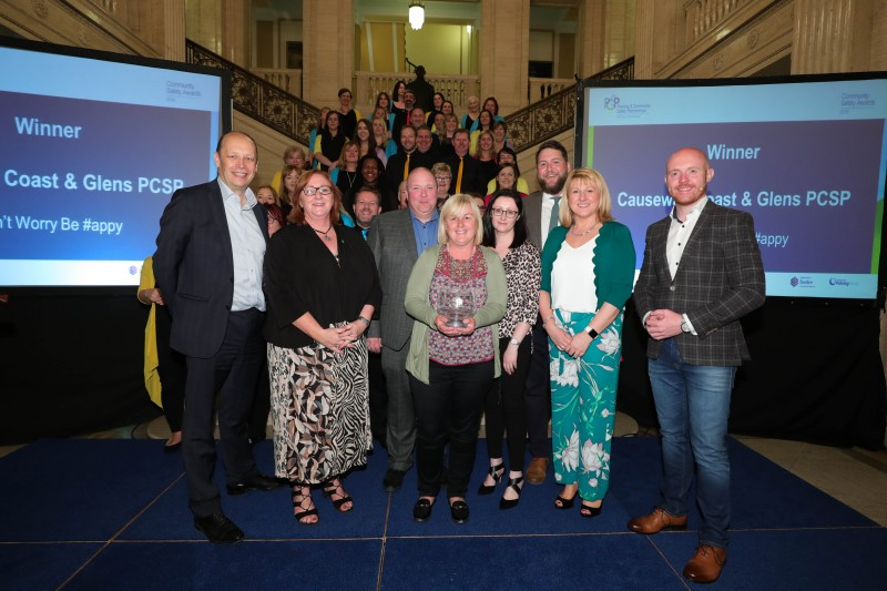 Representatives from Causeway Coast and Glens Policing and Community Safety Partnership (PCSP) celebrate their success at the first ever PCSP Community Safety Awards.
