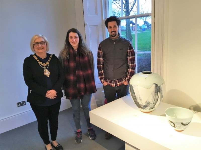 The Mayor of Causeway Coast and Glens Borough Council, Councillor Brenda Chivers pictured with potter Fiona Shannon and ceramicist Adam Frew who collaborated with GCSE students from Dominican College creating The Dominican Collective Exhibition at Flowerfield Arts Centre in Portstewart.