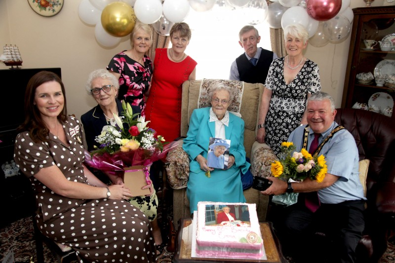 The Mayor of Causeway Coast and Glens Borough Council, Councillor Ivor Wallace, pictured during his visit to Emma Cairns in Limavady as she celebrated her 100th birthday along with her children Raymond, Delma, Lorreen and Rhoda, and the Deputy Lieutenant of County Londonderry, Leona Kane.
