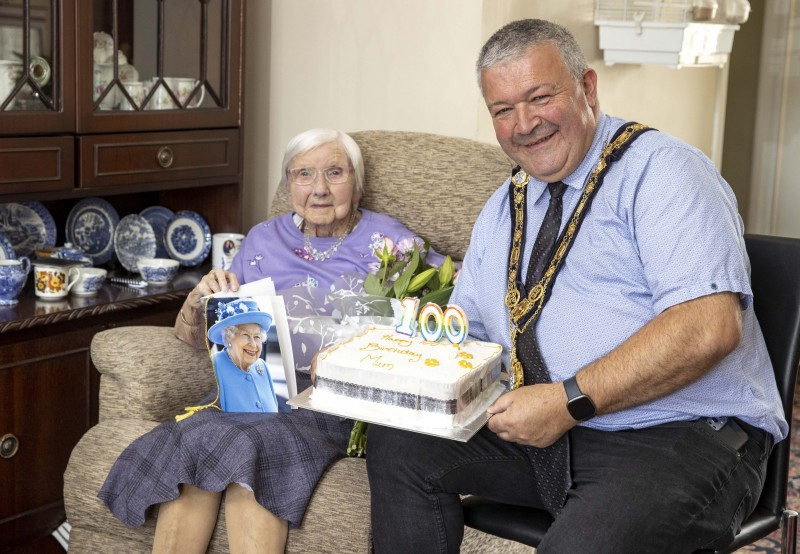 Lily Johnston from Limavady who celebrated her 100th birthday recently pictured with the Mayor of Causeway Coast and Glens Borough Council Councillor Ivor Wallace.