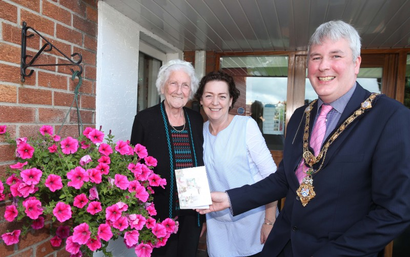 The Mayor, Councillor Richard Holmes, pictured visiting Maisie Allison at Abbeyfield House in Ballymoney ahead of her 103rd birthday on Sunday 19th September 2021