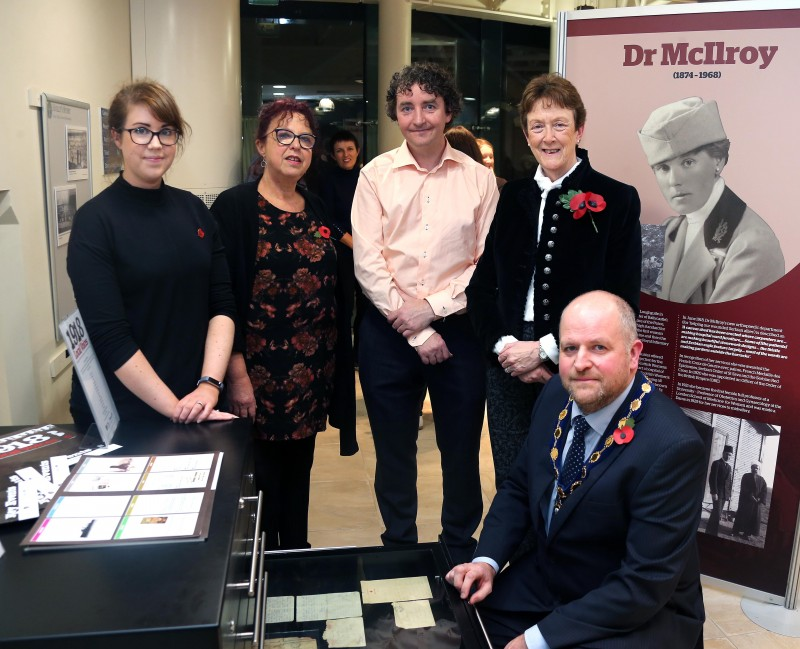 The Deputy Mayor of Causeway Coast and Glens Borough Council, Councillor Trevor Clarke pictured with Sarah Carson, Museum Services Officer, Helen Perry, Museum Services Development Manager, Andrew King, Peace IV SEPUB and Councillor Joan Baird, OBE at the ‘1918: Local Voices’ exhibition at Ballymoney Museum.