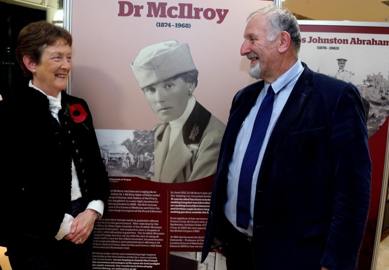 Councillor Joan Baird, OBE pictured with Robert Corbelt at the ‘1918: Local Voices’ exhibition launch at Ballymoney Museum.
