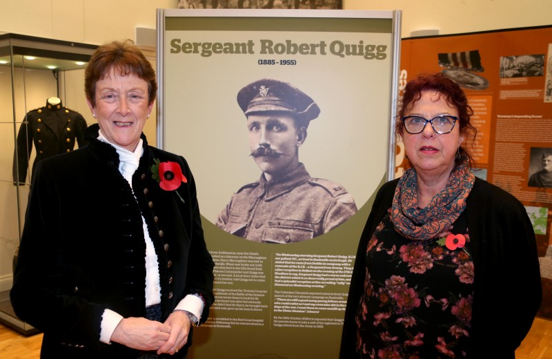 Councillor Joan Baird, OBE pictured with Helen Perry, Museum Services Development Manager at the ‘1918: Local Voices’ exhibition at Ballymoney Museum.
