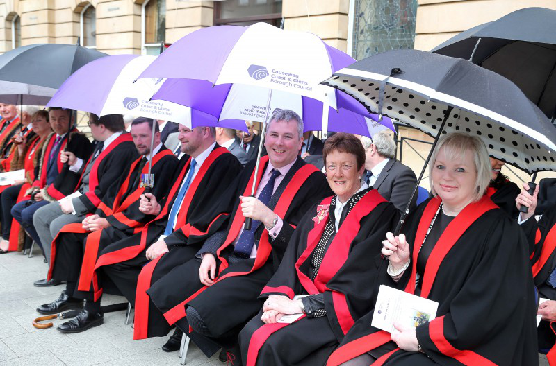 Members of Causeway Coast and Glens Borough Council take their seats ahead of the parade held in Coleraine town centre on Saturday to mark the 25th anniversary of the granting of the Freedom of the Borough on to the 206th (Coleraine) Air Defence Battery Royal Artillery (Volunteers).