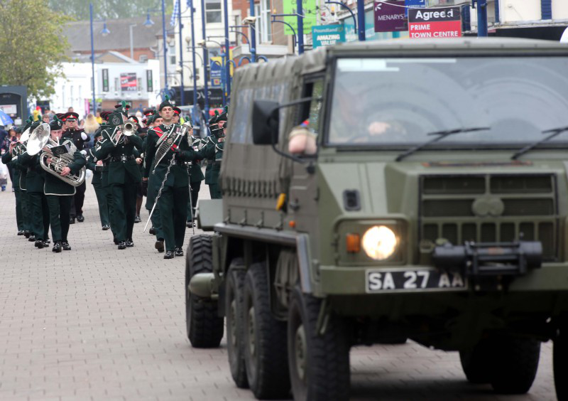 The Band of 2 Royal Irish Regiment lead the parade through Coleraine town centre on Saturday.