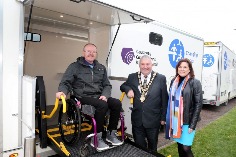Pictured at Cloonavin with one of Causeway Coast and Glens Borough Council’s new Mobile Accessible Changing Units are the Mayor, Councillor Ivor Wallace, Michael Holden (AccessoLoo Director) and Julienne Elliott, Town and Village Project Manager.
