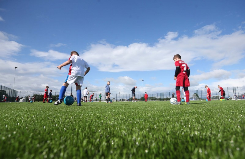 Practising their skills on the fantastic playing surface at the 3G pitch in Ballymoney.
