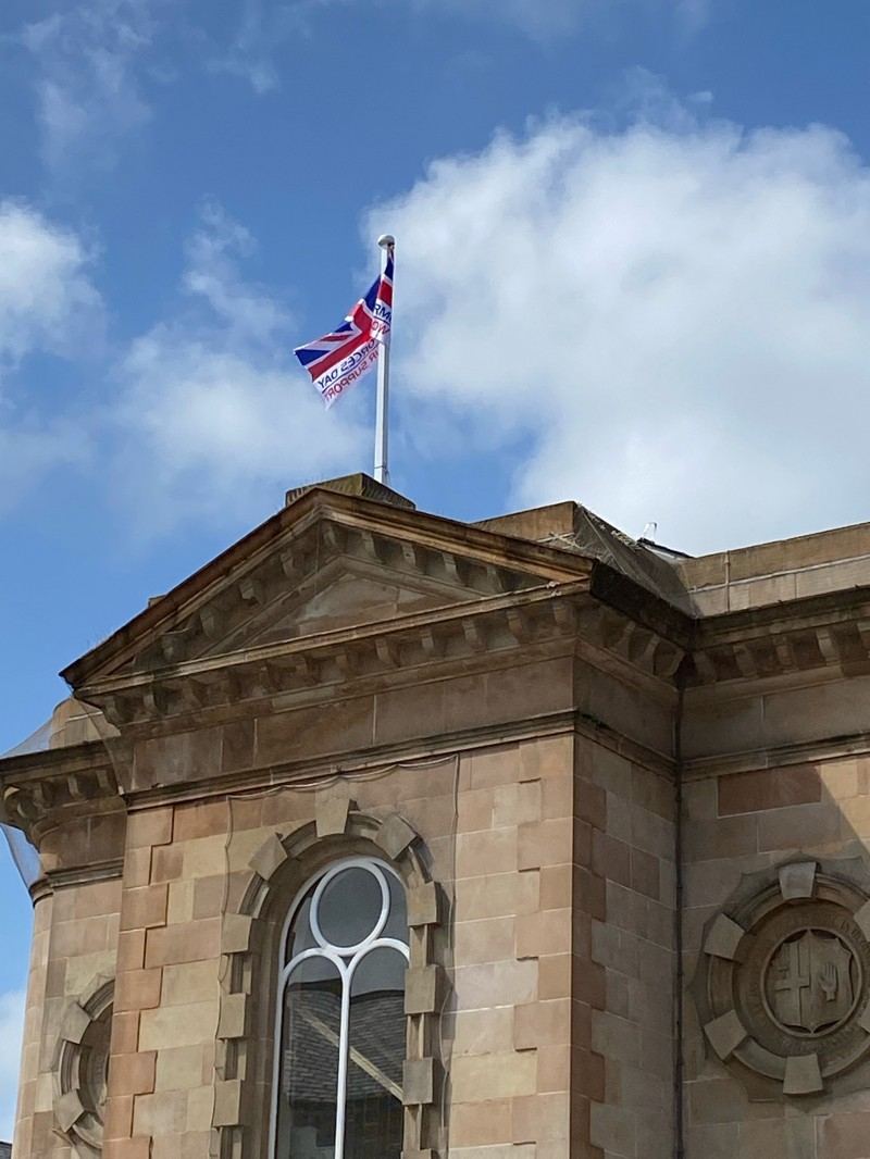 The Armed Forces Day flag flying at Coleraine Town Hall.