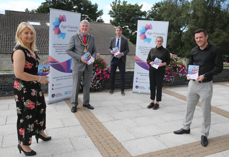 Pictured at the launch of Causeway Coast and Glens Borough Council’s new Age Friendly Charter are Wendy McCullough, Head of Sport and Wellbeing, Mayor of Causeway Coast and Glens Borough Council Councillor Richard Holmes, Age Friendly Co-ordinator Liam Hinphey, Public Health Agency Senior Officer for Health and Wellbeing Tracey Colgan, and Sports Development Manager Jonathan McFadden.